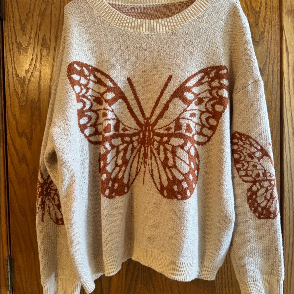SHEIN Butterfly Patterned Sweater - Cream and Brown